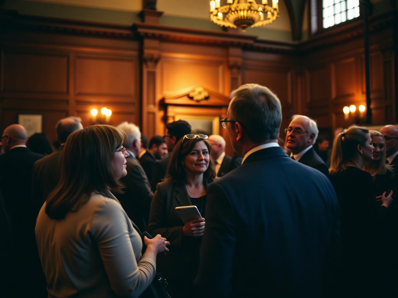 A chamber of commerce reception in a wood-panelled hall - members in conversation.