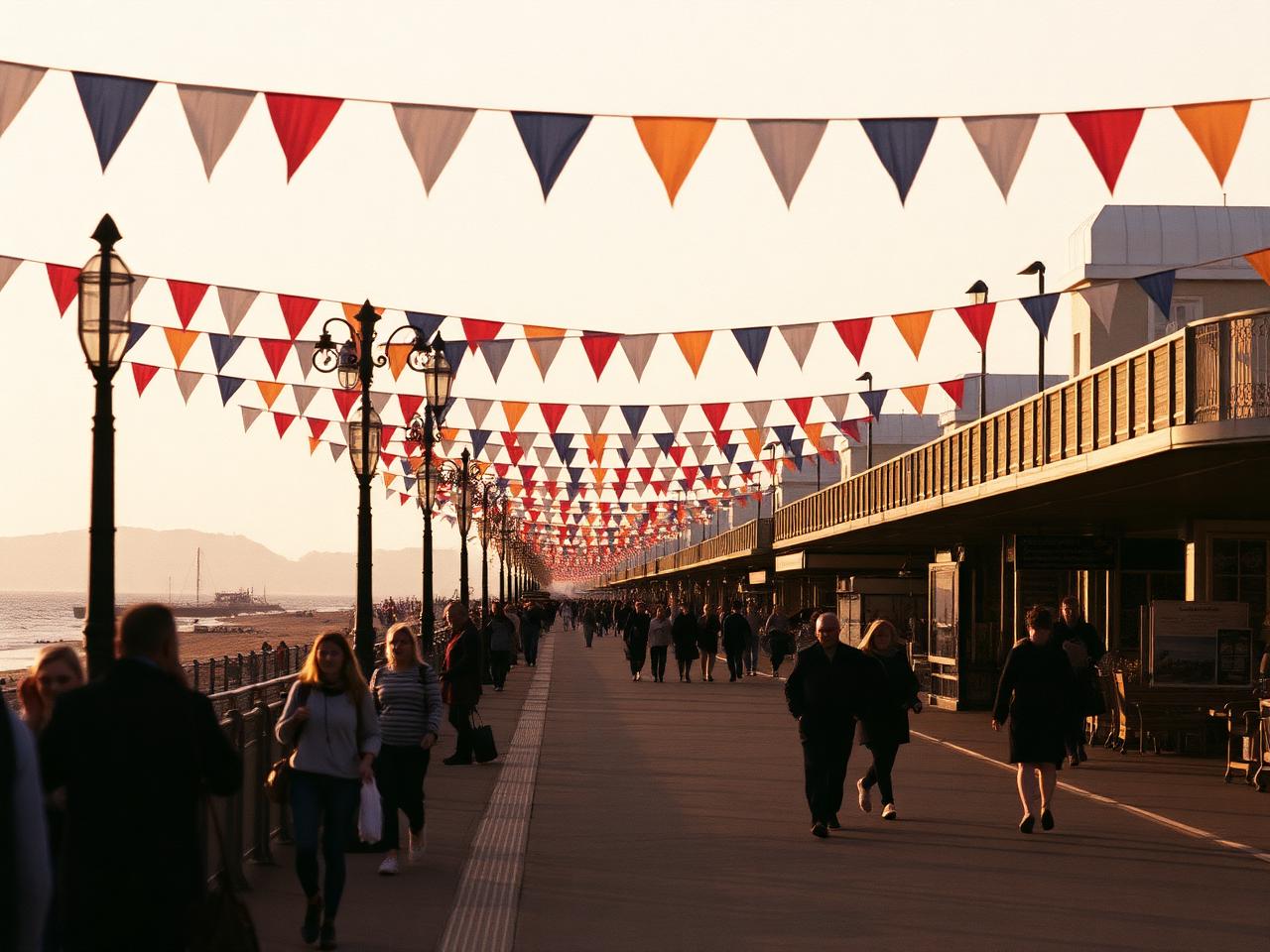 A British seaside promenade at golden hour with bunting overhead - the kind of destination DMOs sell every day.