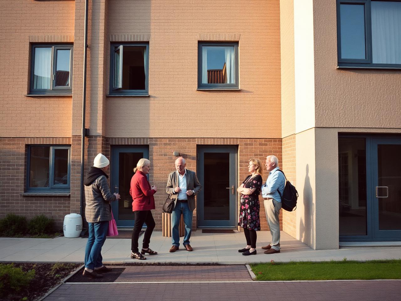 Residents in conversation outside a modern housing development - handled with care.