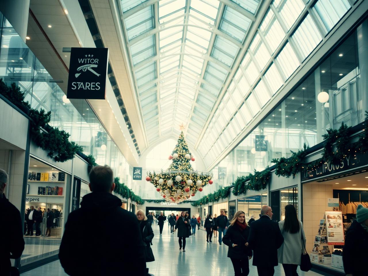 A modern shopping-centre concourse with daylight from a glass roof - the daily backdrop of the press team.